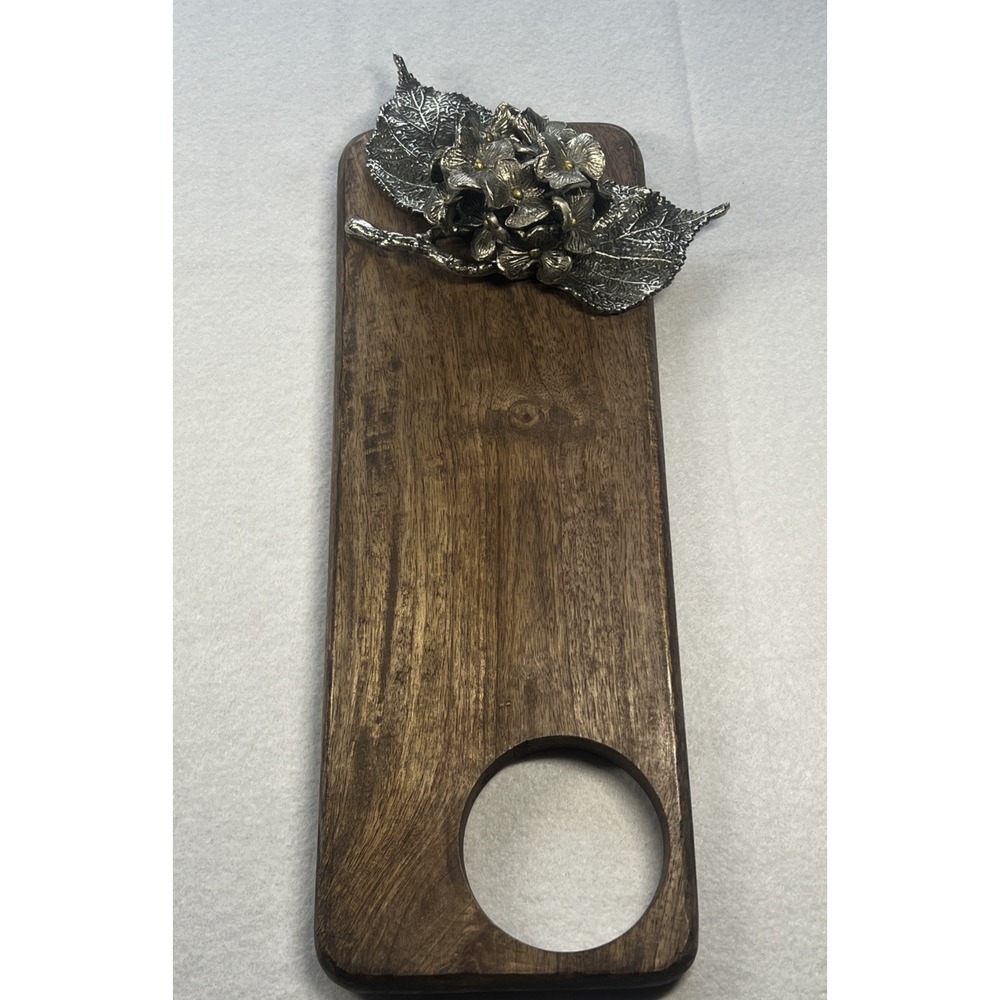 Mud Pie Mango Wood Hydrangea Serving Board with Metal Leaves, 16" x 6" No Bowl